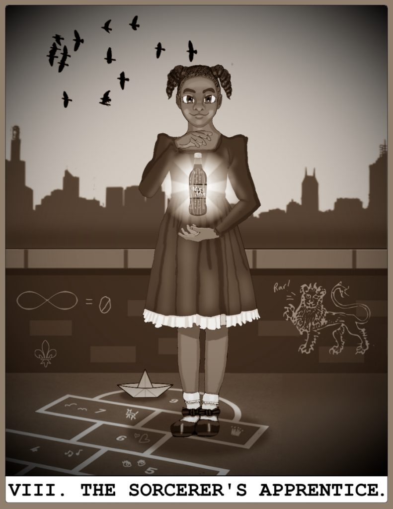 Maggie's Tarot card: The Sorcerer's Apprentice, based on Strength. She stands in Strawberry Square with the city behind her, making a bottle of grape soda levitate. There are flying birds in the air and chalk graffiti on the wall.