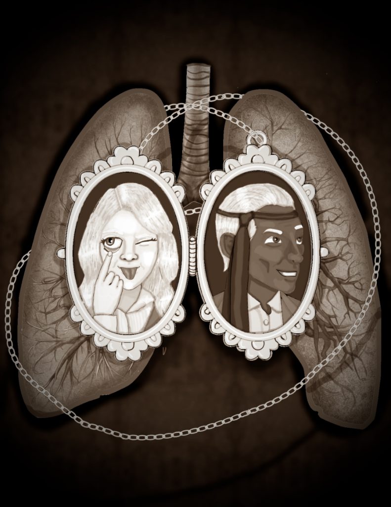 Mordecai's locket, with pictures of Alba and him looking silly. Its chain is wrapped arount a disembodied pair of lungs.