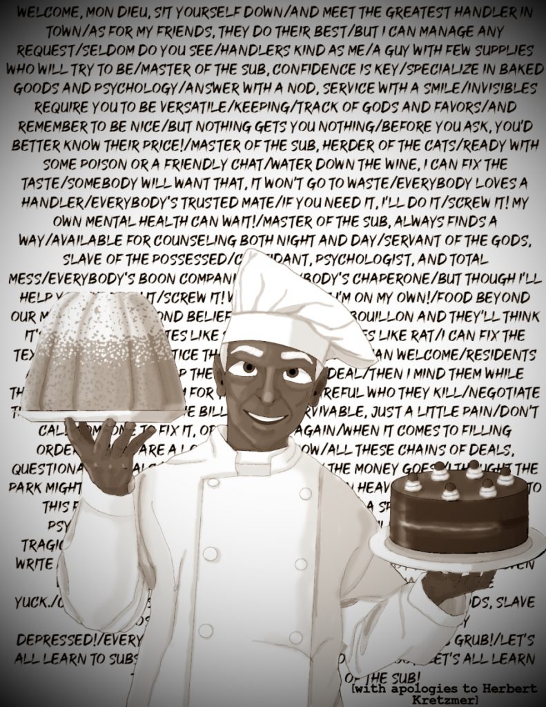 Mordecai in a chef's outfit with cakes. Lyrics of 'Master of the Sub' in background, see Liner Notes.