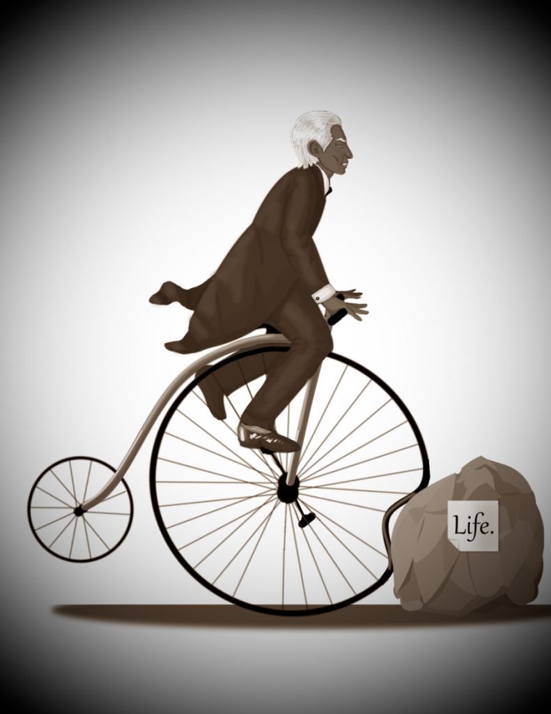 Mordecai has crashed a penny-farthing into a largish boulder. The boulder is labeled: Life.