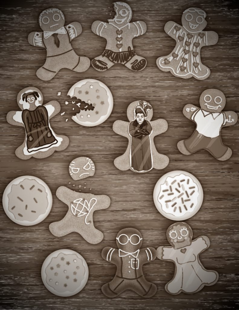 Cookies on a table. Everyone from the house is represented by a gingerbread person, which are decorated as if each person did their own.