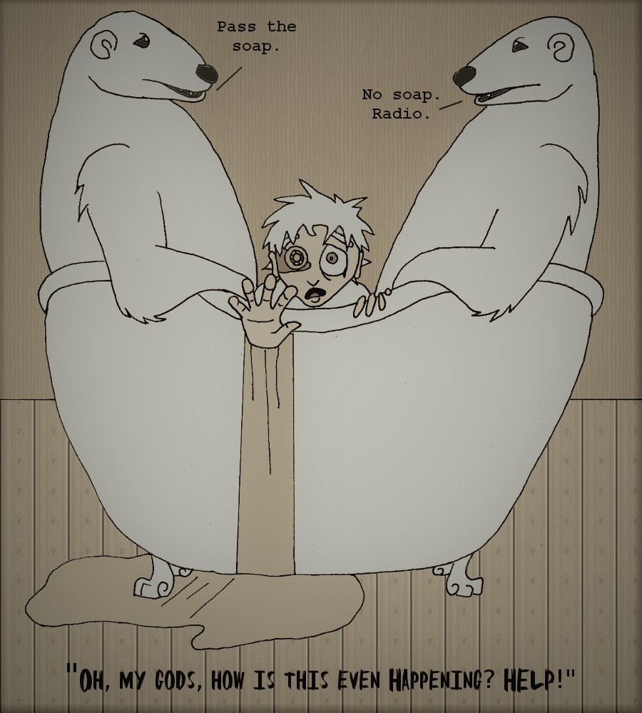 Erik is horrified to be in a bathtub with two polar bears doing the "No soap. Radio" joke. Captioned "Oh, my gods, how is this even happening? Help!"