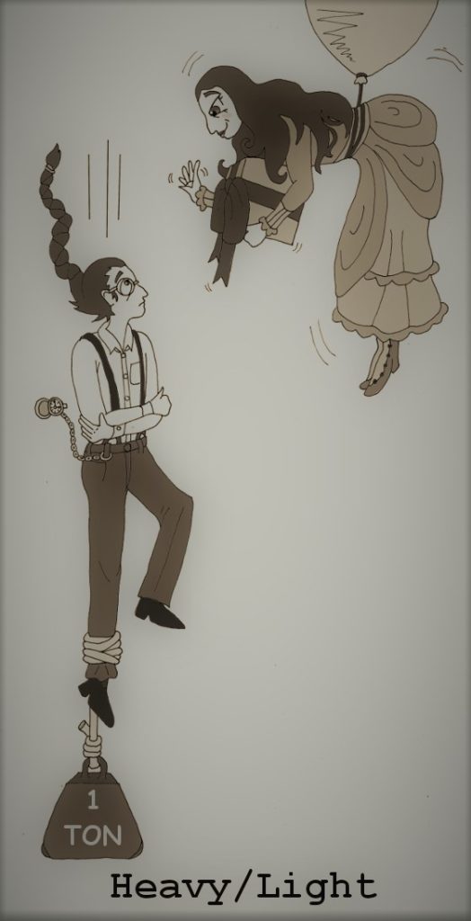 Milo being dragged down by a one ton weight and Ann floating with a balloon and a box with a bow on it. Captioned Heavy, Light