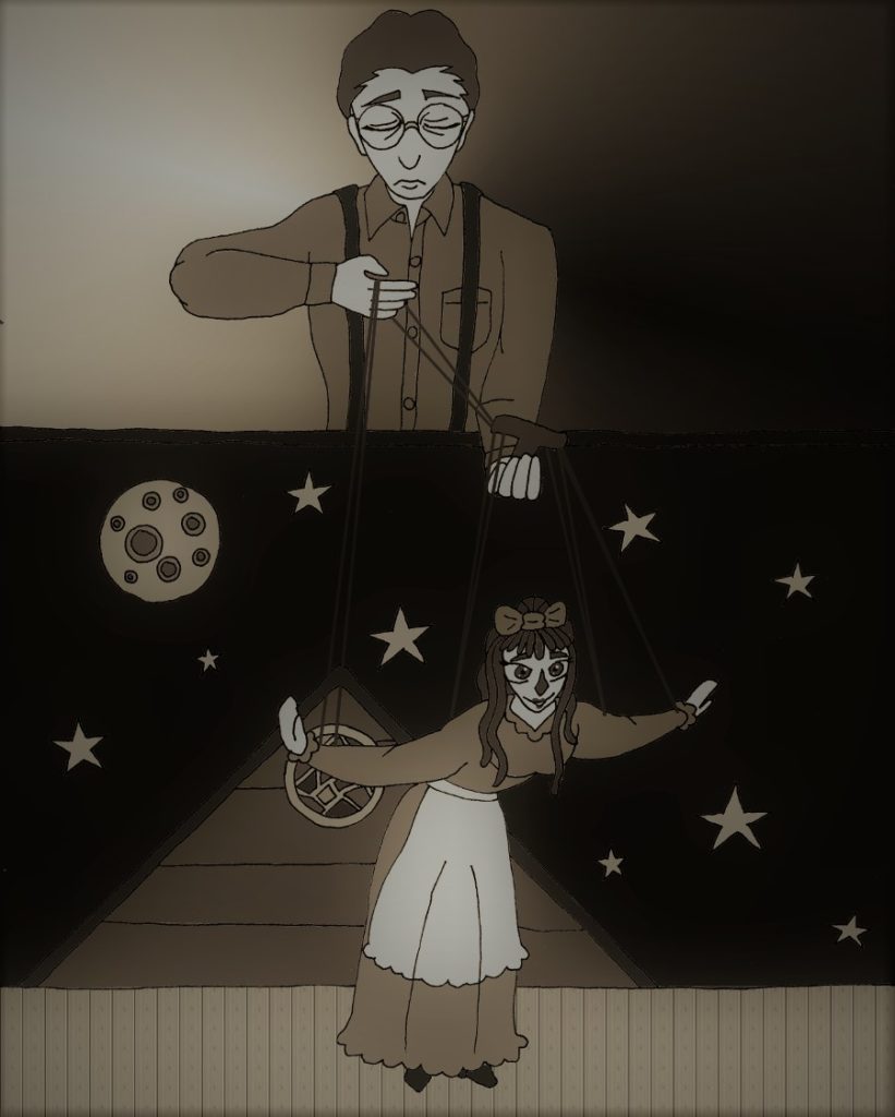Milo with Ann as a marionette, on a small stage resembling the roof at night