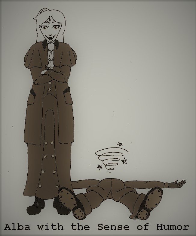 Pleased Alba standing over unconscious Mordecai in military dress. Captioned Alba with the Sense of Humor