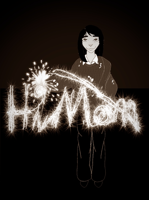 Calliope writing "Hi Mom" with a sparkler