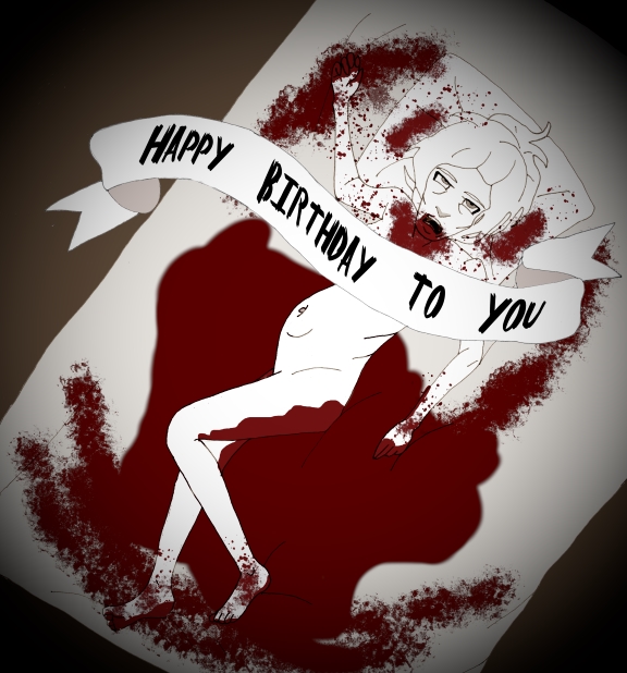 Alba, dead, with a banner reading: Happy Birthday To You