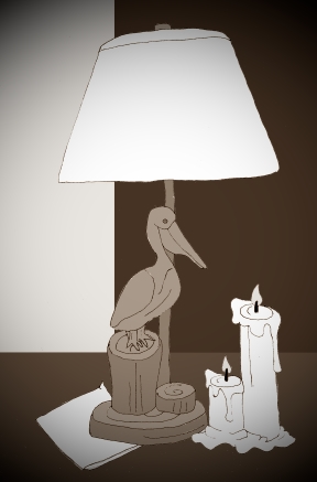 Mordecai's pelican lamp and note, with two candles.