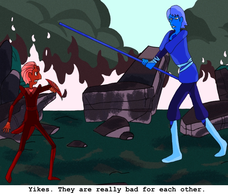 Seth and Mordecai, Steven Universe style, about to fight. Captioned: Yikes. They are really bad for each other.