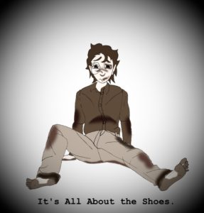 Milo, after having his shoes stolen. Captioned: "It's All About the Shoes."