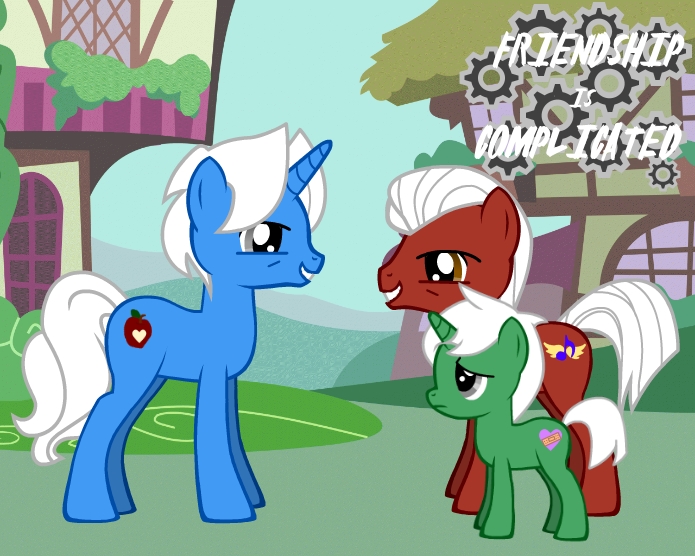 Seth, Mordecai and Erik as ponies, captioned: Friendship is Complicated. (Dolls stolen entirely from Pony Creator by generalzoi on DeviantArt)