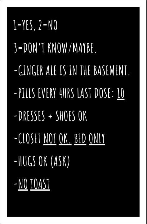 1=Yes, 2=No, 3=Don't Know/Maybe. Ginger ale is in the basement. Pills every 4 hours, last dose: 10. Dresses + Shoes OK. Closet not OK. Bed only. Hugs OK (ask). No toast.