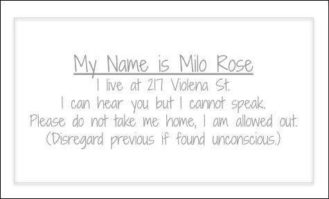 My Name is Milo Rose. I live at 217 Violena St. I can hear you but I cannot speak. Please do not take me home, I am allowed out. (Disregard previous if found unconscious.)
