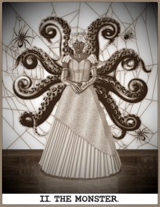 Diane's Tarot card, The Monster, or the High Priestess. She is in formal wear with her hands politely folded and tentacles emerging from her back. Behind her, two spiders and a fly occupy a spiderweb.