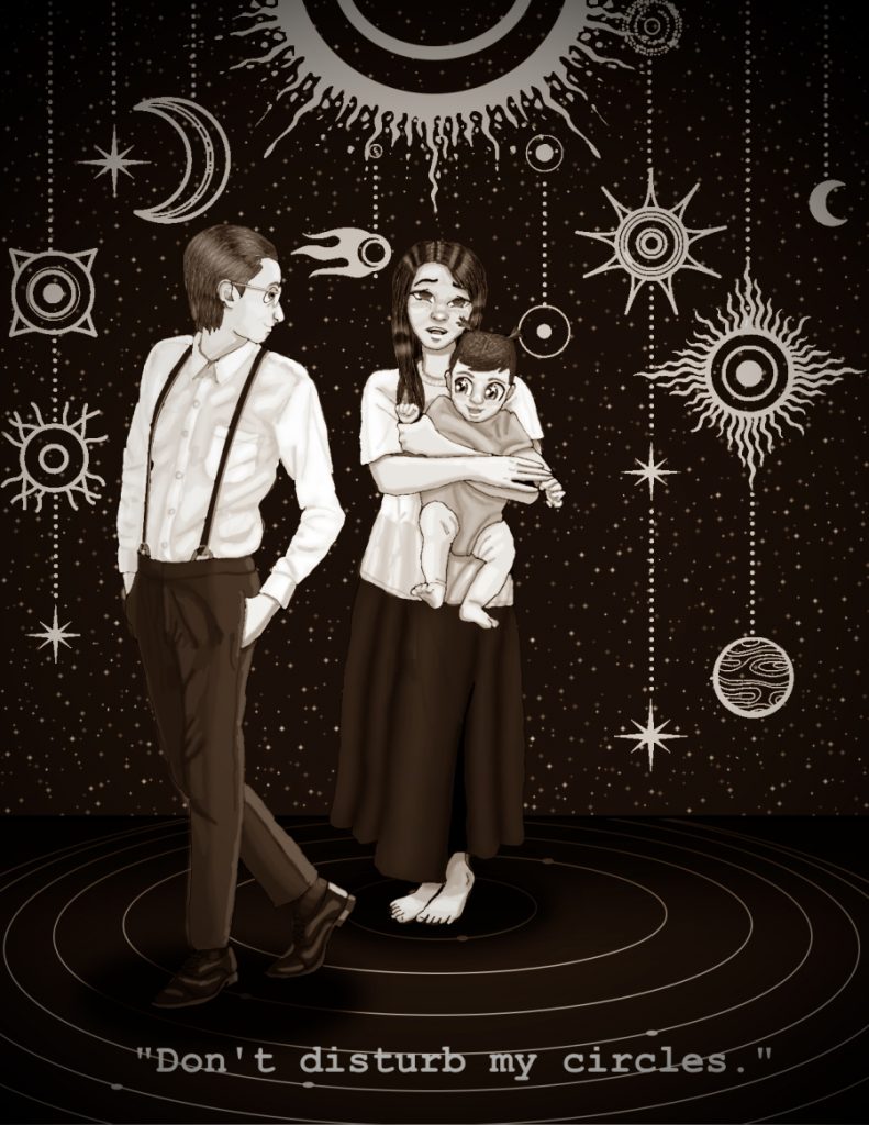 Calliope holding Lucy at the center of the universe, with decorative celestial objects around her, and Milo perhaps walking into or out of orbit. Captioned: "Don't disturb my circles."