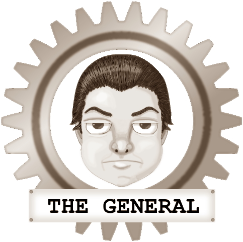 The General's face in a gear frame. Captioned: The General