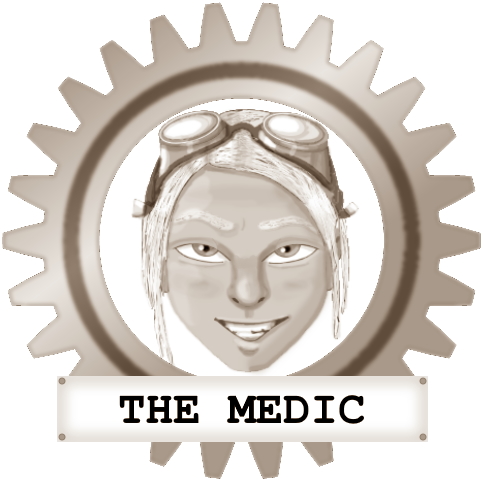 Hyacinth's face in a gear frame. Captioned: The Medic