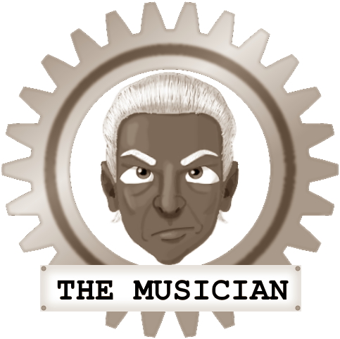 Mordecai's face in a gear frame. Captioned: The Musician