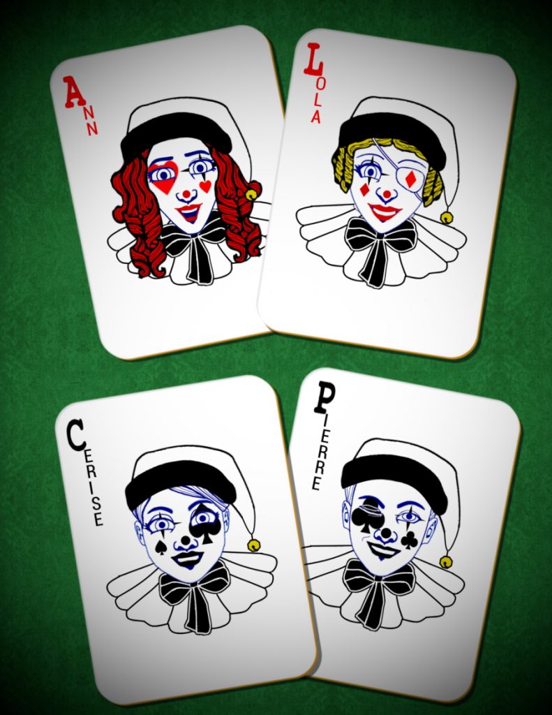 Ann, Lola, Cerise and Pierre as playing cards.