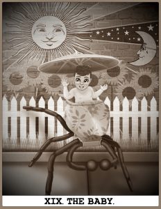 Lucy's Tarot card, The Baby, based on The Sun. She appears in her spider highchair, with a mural on a brick wall behind her. The mural includes sunflowers and a sun and moon which resemble Calliope and Milo respectively.