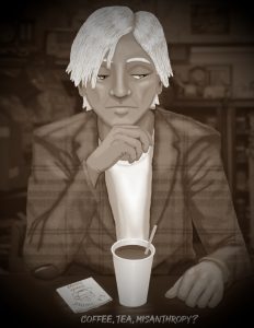 Seth looking downcast, with coffee and a hot chocolate packet. Captioned: Coffee, Tea, Misanthropy?