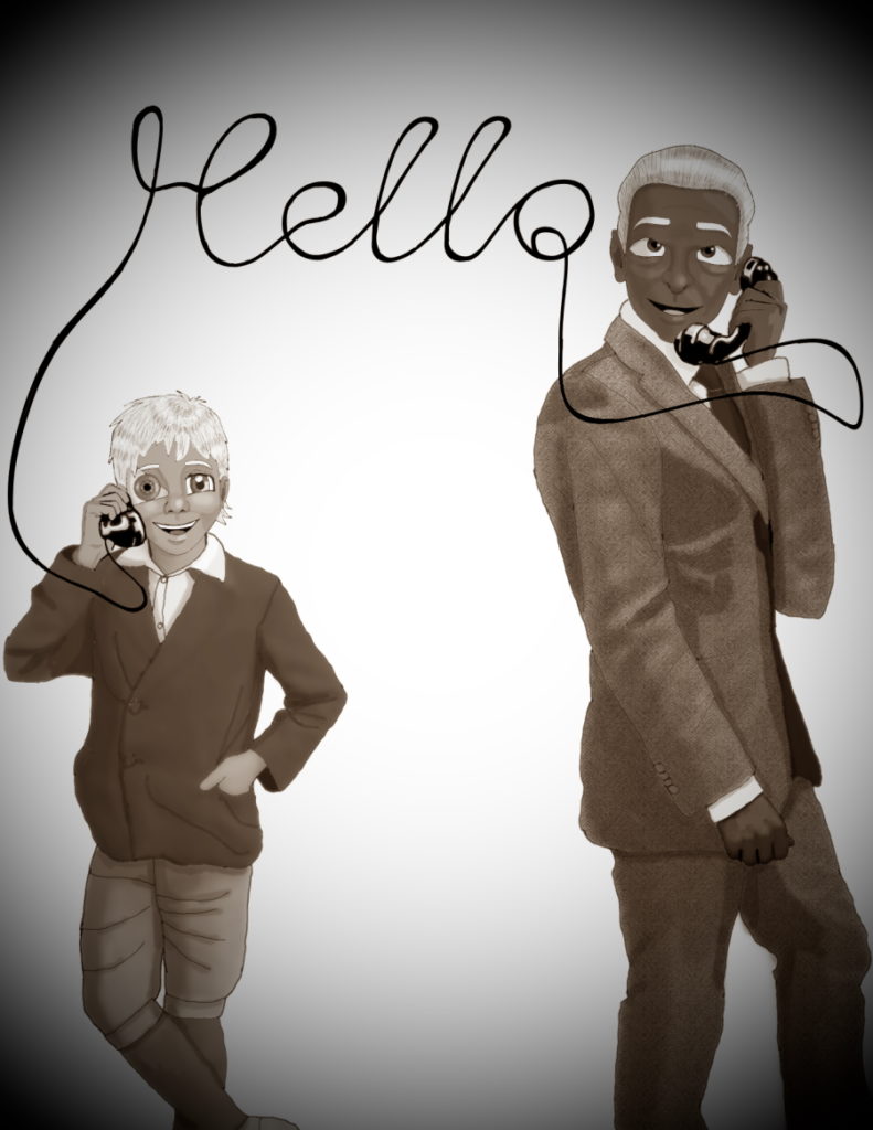 Erik and Mordecai on the phone. The phone cord says 'Hello.'