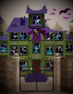 The haunted house, as created by Calliope and company, with a giant rainbow spider crawling on it and ghosts in the windows. The gate has been altered to say: SECRET GARDEN
