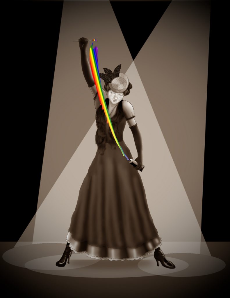 Calliope poses like Freddie Mercury, with rainbow paint