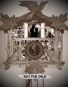 Milo and Calliope's cuckoo clock, with a couple embracing in the window. Captioned: Not For Sale