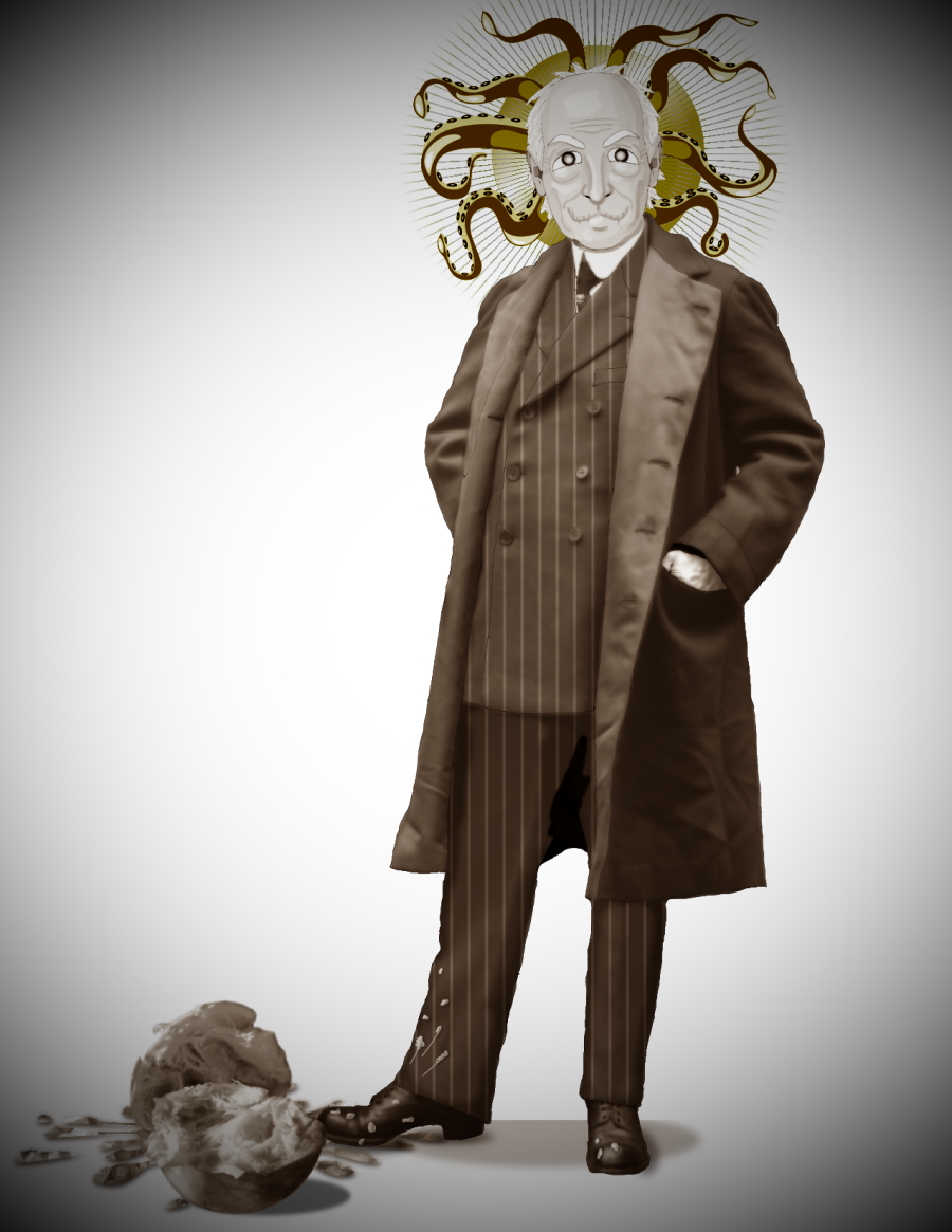Barnaby, out at last, and properly dressed. He has a smashed melon at his feet and a golden halo of tentacles.