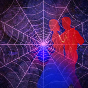 An abstract collage of two people dancing, stars and a spider web.